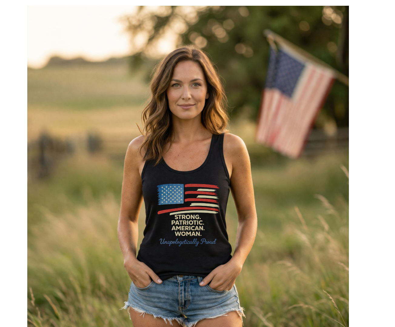 Strong. Patriotic. American. Woman- Women's Tri-Blend Racerback Tank