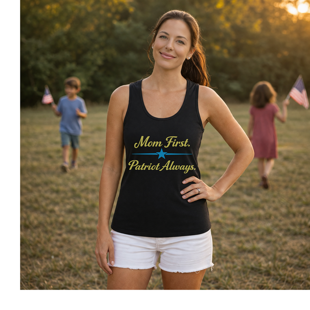 Mom First.  Patriot Always. Women's Tri-Blend Racerback Tank
