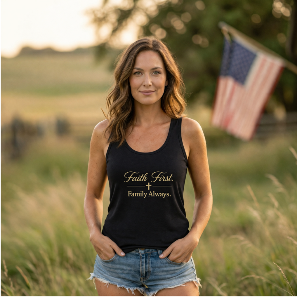 Faith First.  Family Always. Women's Ultra-Soft Racerback Tank